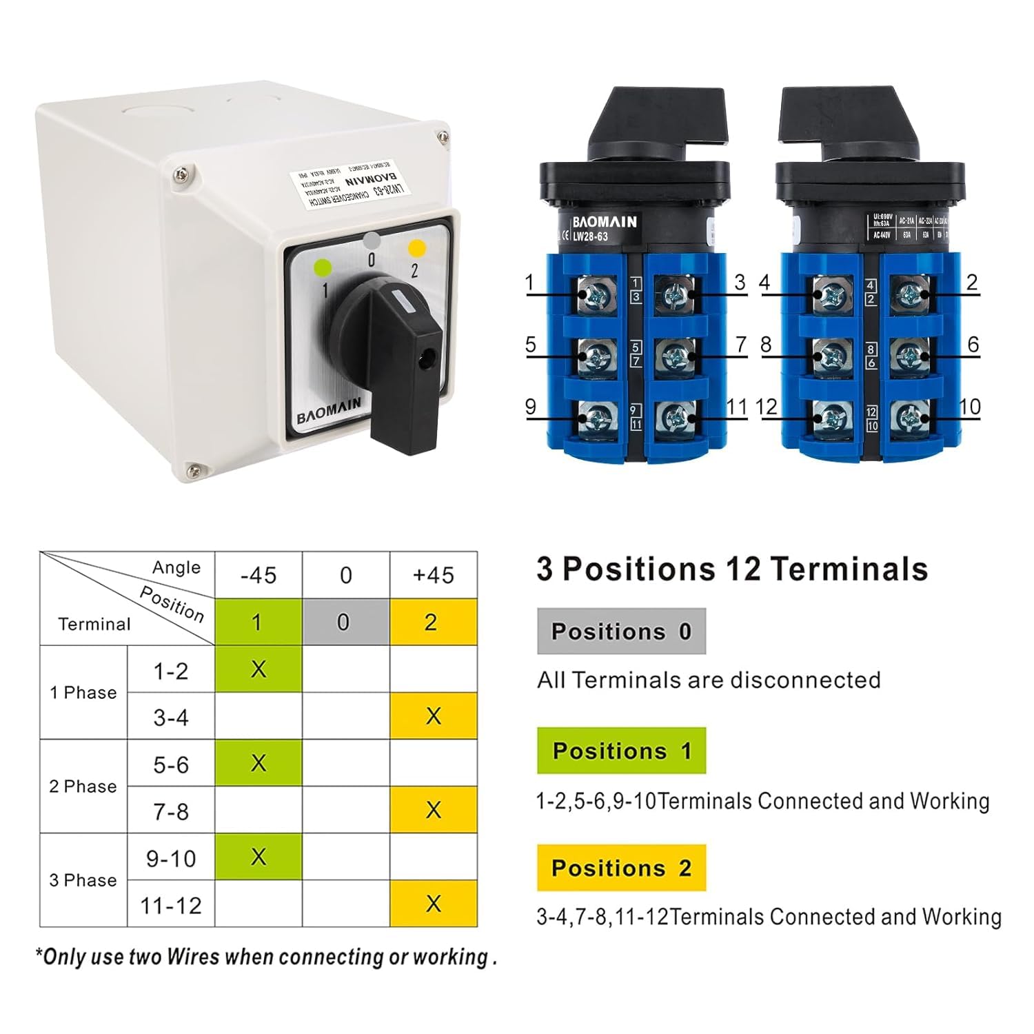 BAOMAIN Interruttore rotativo universale con interruttore principale, alloggiamento esterno, On-Off, 690 V, 63 A, 3 posizioni, 3 fasi, approvazioni CE, IP66, LW28-63/D303.3D