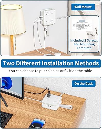 Miniatura 6 de NTONPOWER Cable de extensión plano con 8 tomas amplias, 3 puertos USB, tira de alimentación de enchufe plano, extensor de salida de 6 pies, cable de