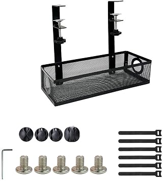 Under Desk Cable Management Tray, No Drill Wire Management Under Desk, Metal Desk Cable Organizer for Home, Office, Black