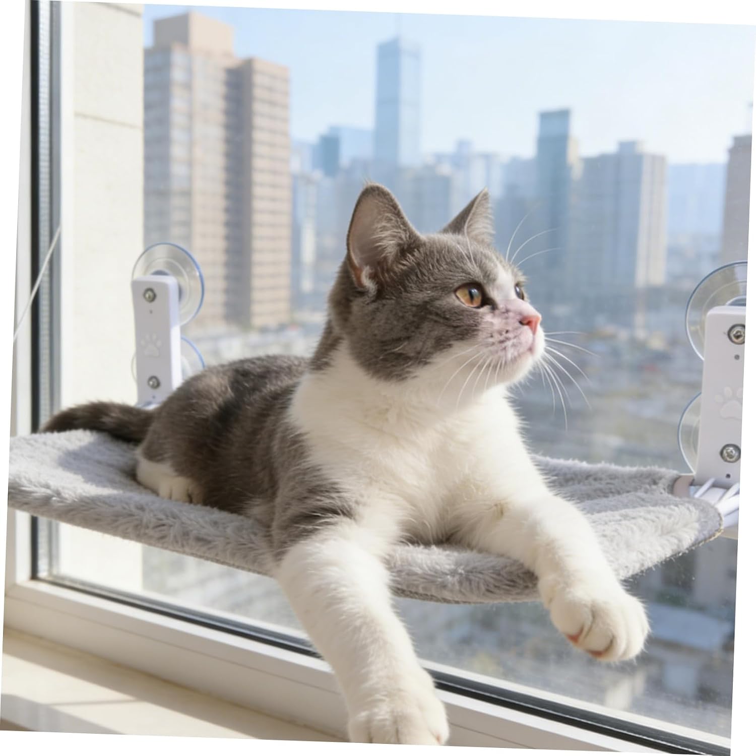 Cat Window Perch Suction Cup Hammock Bed for Indoor Sunbathing | 30x52cm Size, Imitation Rabbit Fur Fabric and Iron Pipe Frame, Removable Washable Design with Plastic Mounts