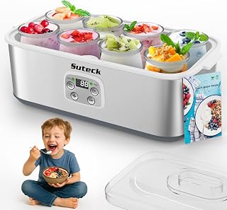 Suteck Stainless Steel Yogurt Maker with Adjustable Timer & Temp, 8 BPA-Free Glass Jars (48oz) for Greek Yogurt