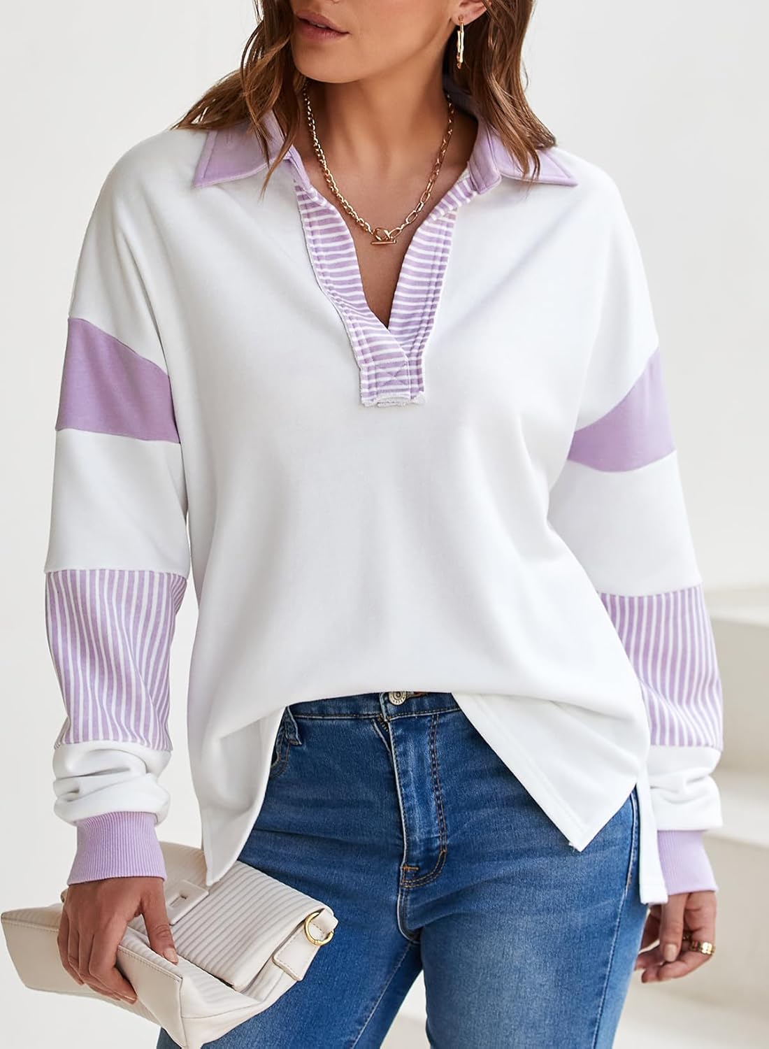 BLENCOT Women Oversized Sweatshirts Color Block Long Sleeve Loose V Neck Fall Outfits 2024 Fashion Slit Pullover - Image 2