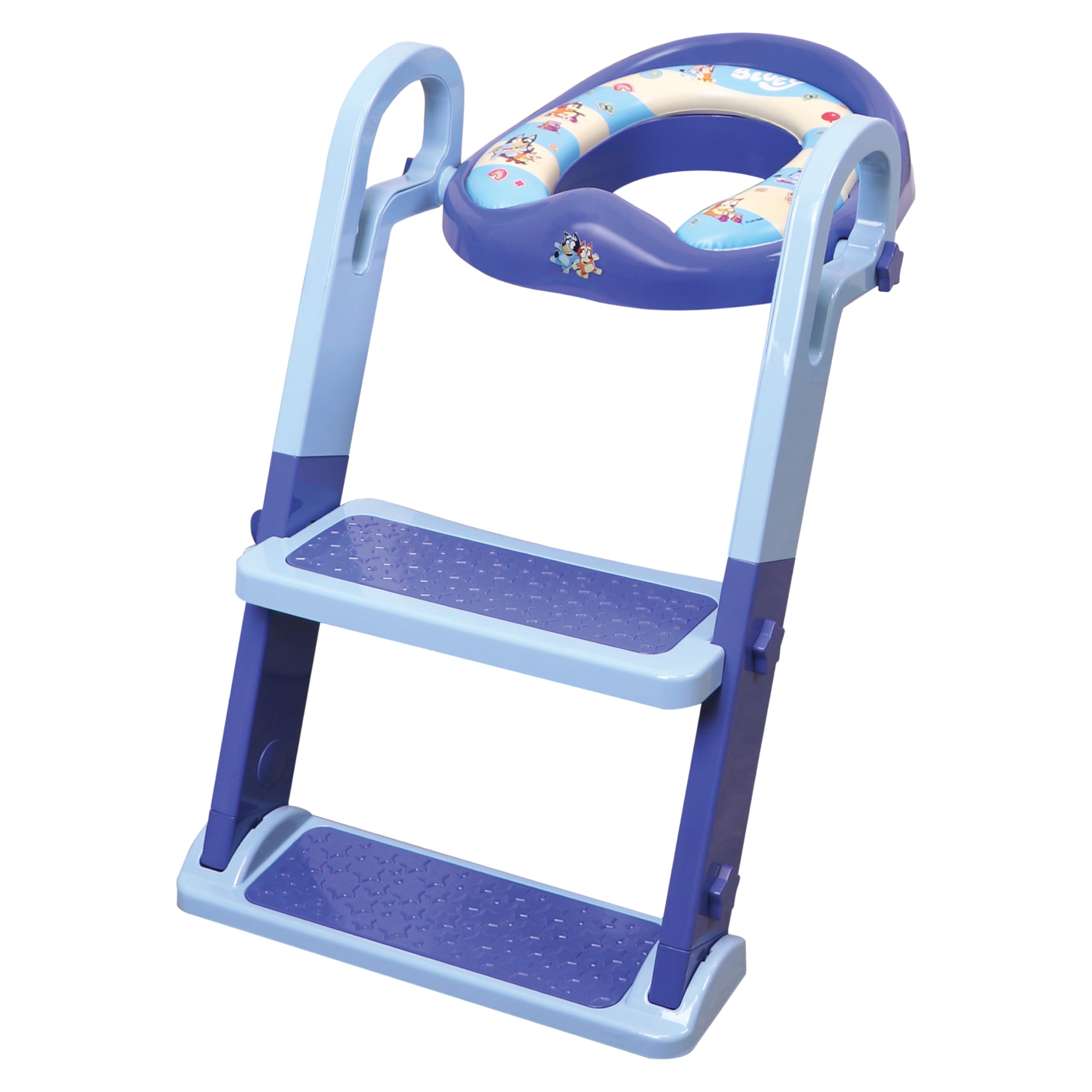 Bluey Step & Sit Töpfchentrainer; sichere Leiter für kindersichere Kletterungen zum Töpfchen; lustige blaue Bilder auf gepolstertem Töpfchensitz; verstellbare Leiterhöhe; abnehmbarer Sitz zur