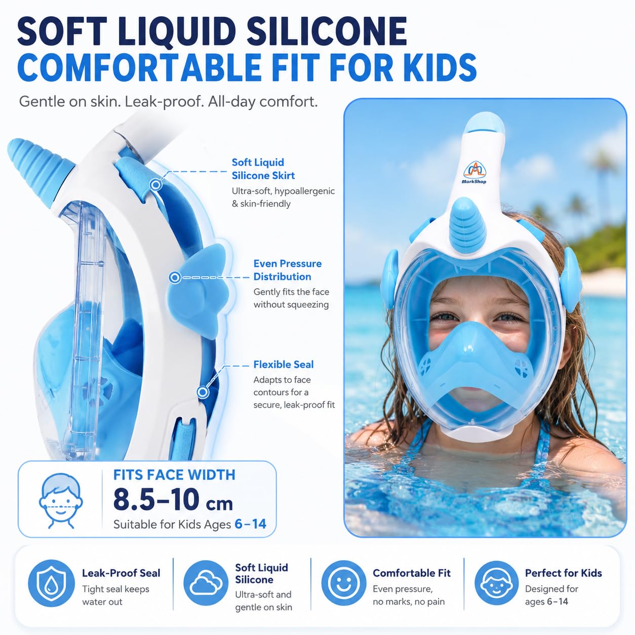 Maschera da snorkeling per bambini, set completo con boccaglio a forma di unicorno, con vista panoramica a 180°, anti-appannamento, anti-perdite, idea regalo per ragazzi e ragazze