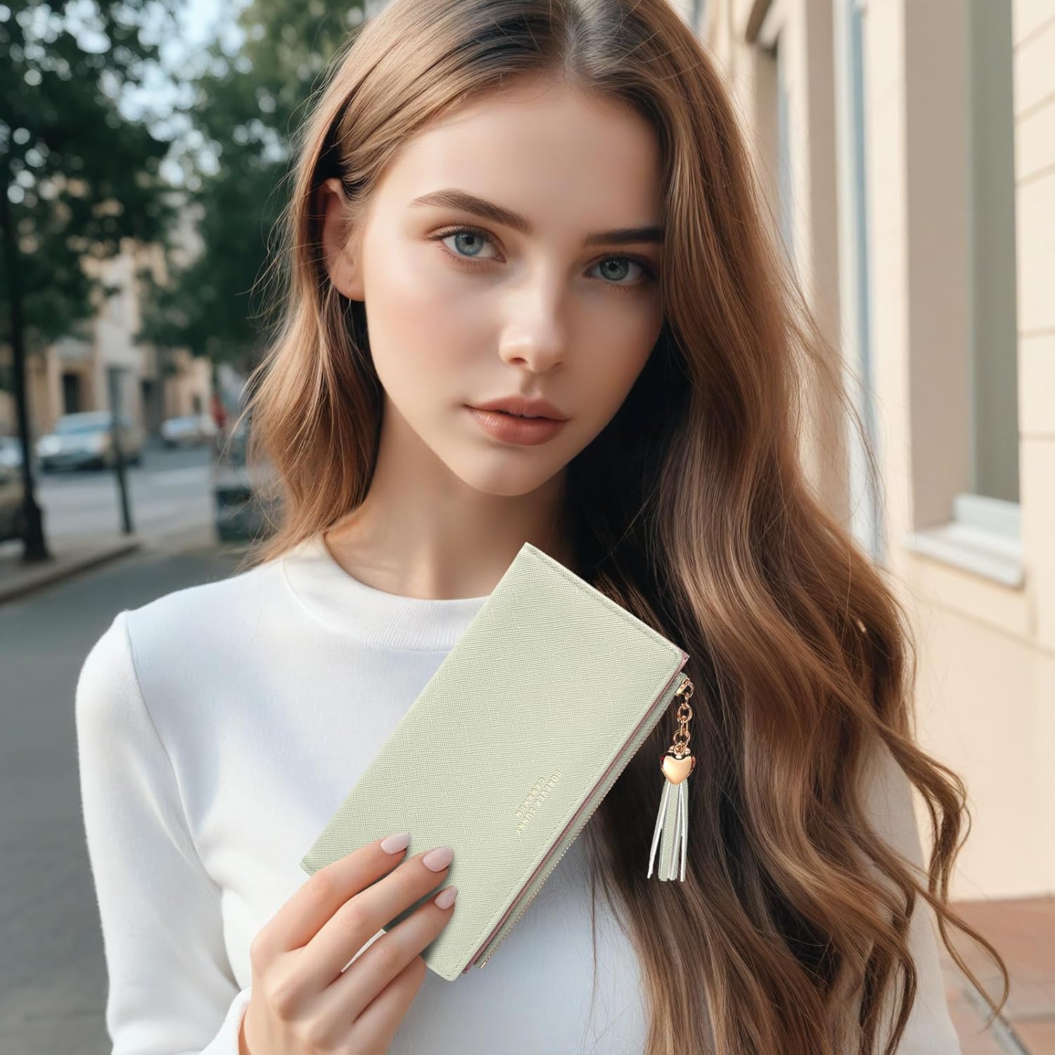 KOTORA Womens Slim Wallet Girls Thin Wallets Pretty Mini Long Card Holder Small Tiny Clutch Zip Purse Love Pendant Tassels Billfold (Beige) - Image 5