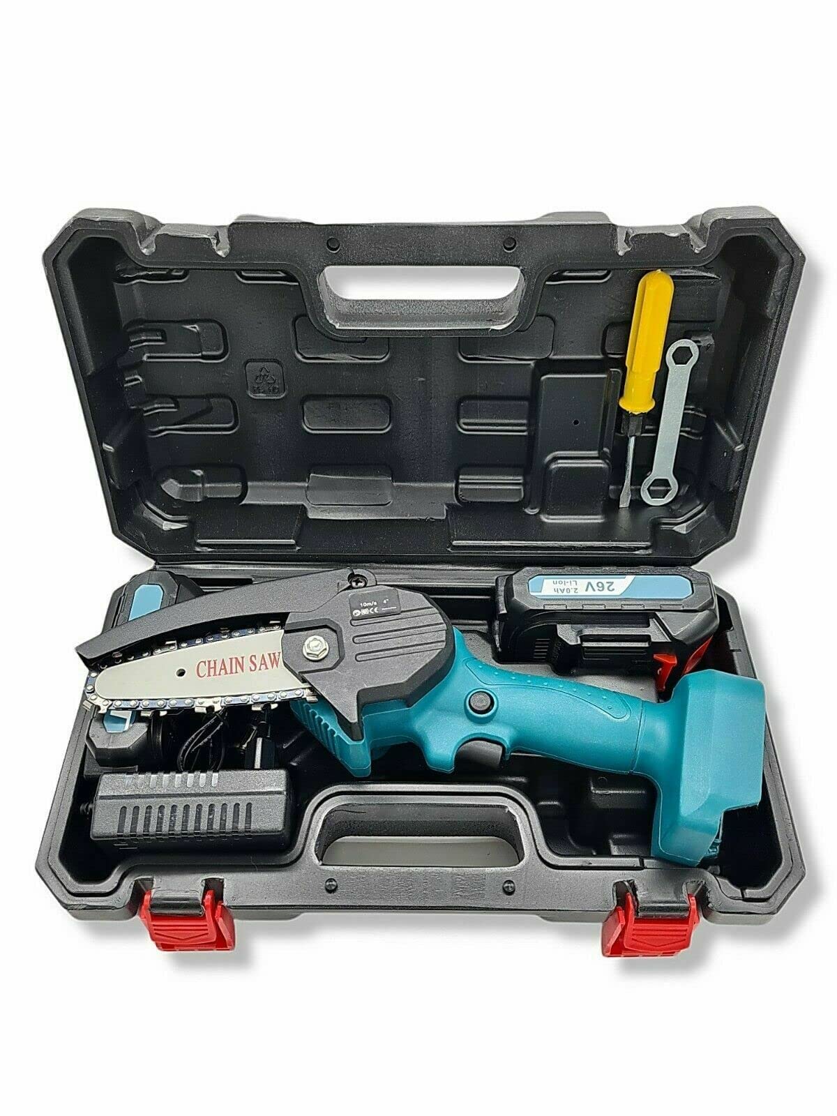 MS1 Motosega elettrica a Batteria portatile Ricaricabile, Potatore alberi e da giardino, Mini Motosega 4 Pollici senza fili Lama 10cm con doppia batteria da 24V