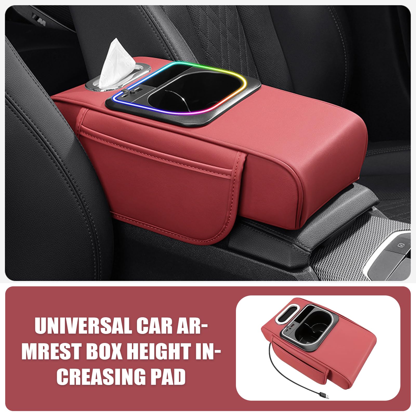 de almacenamiento Auto Armrest,Soporte para botellas de toallitas,Con bolsillo lateral, Iluminación ambiental, Puerto USB Estera de elevación Coche Center Consola Cojín - Para Consola