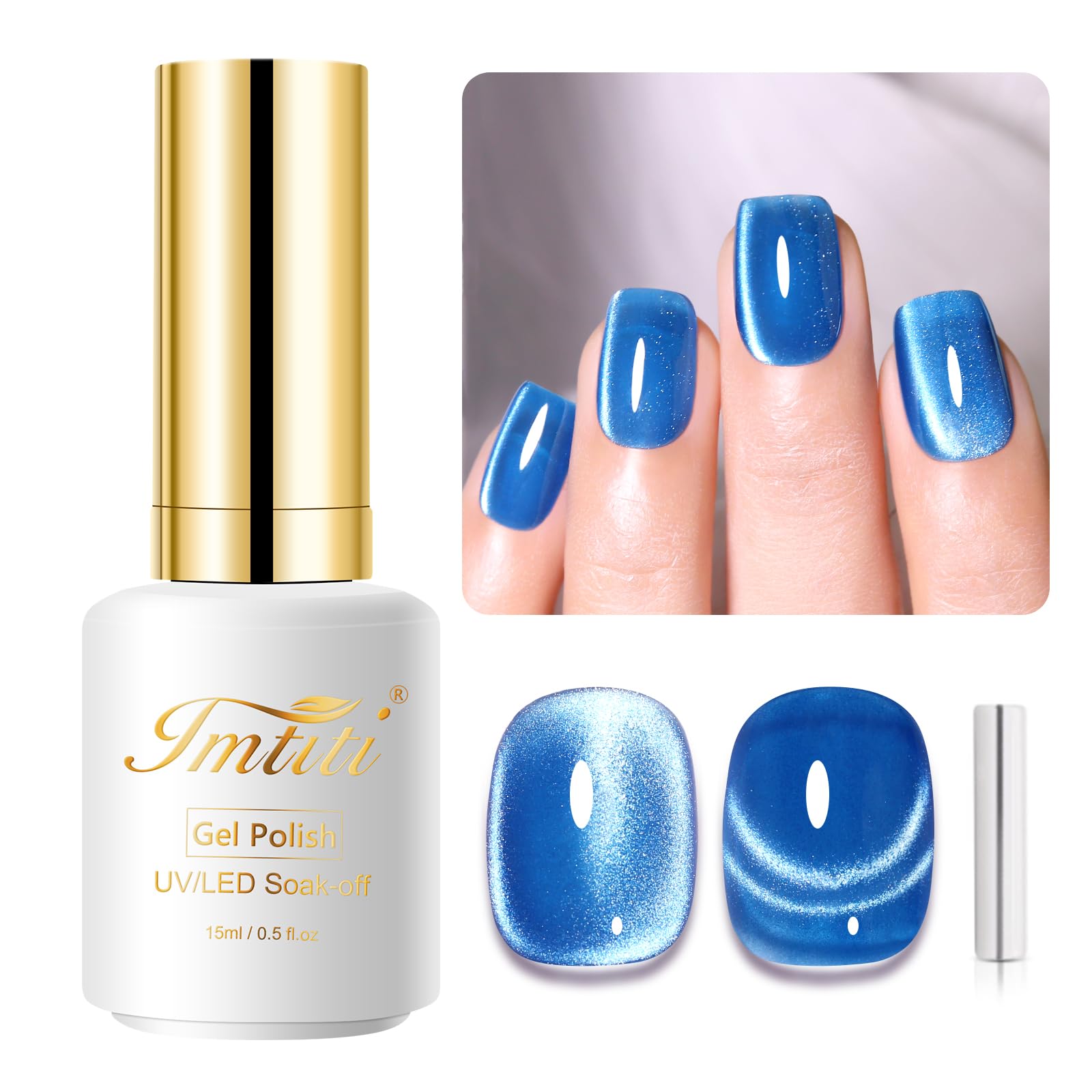 Imtiti Moonlight Gel Occhi di Gatto Smalto per unghie, 15ml Blu Mare Cristallo Olografico Diamante Glitter Magnetico UV Smalto Gel Soak Off con Stick Magnetico per Nail Art 1Pcs