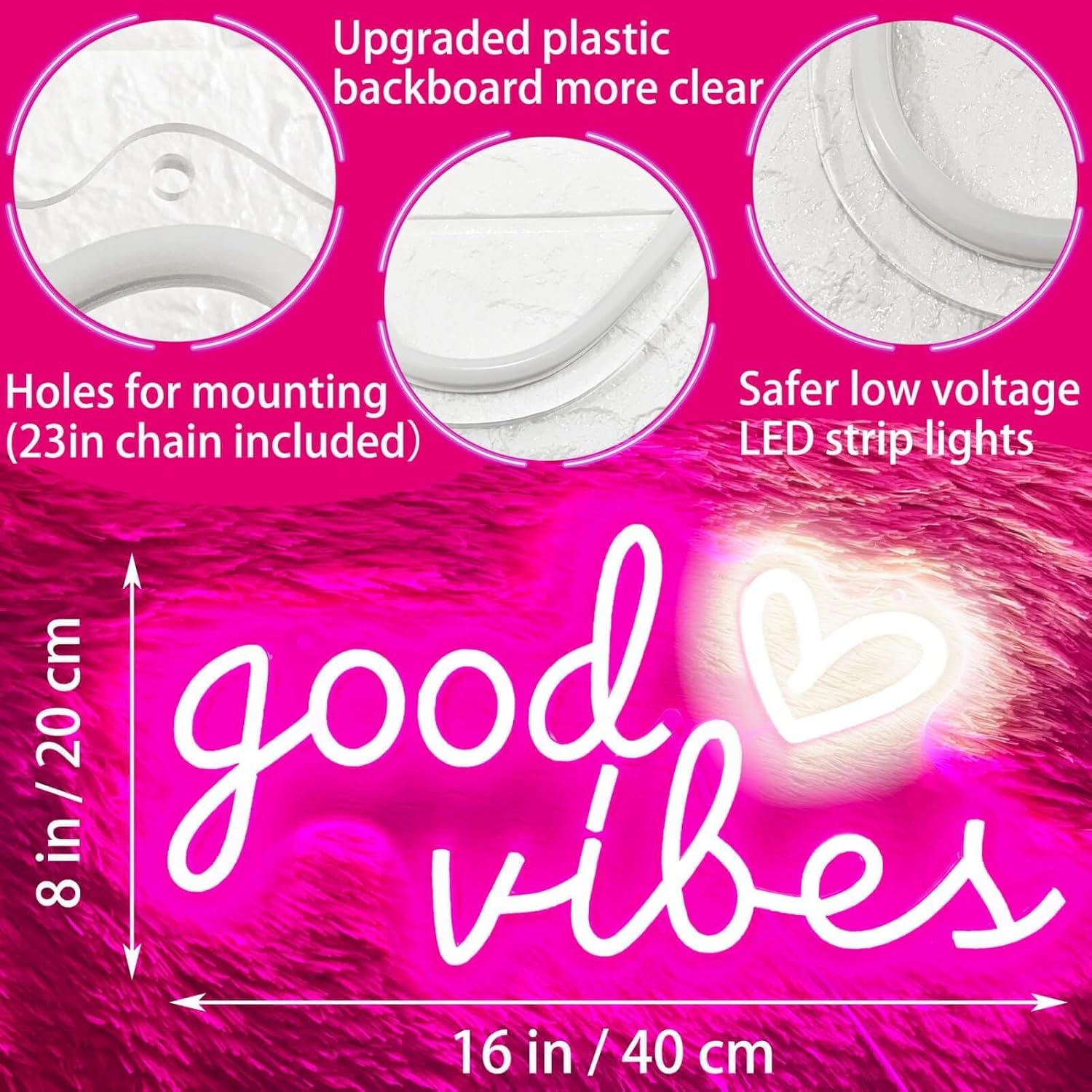 Good Vibes Neon Sign for Wall Decor Neon Lights Sign, 16"x8" Heart and Good Vibes LED Signs for Bedroom Wall, USB Operated Pink Goodvibes LED Neon Lights Signs for Game Room Christmas Decor - Image 4