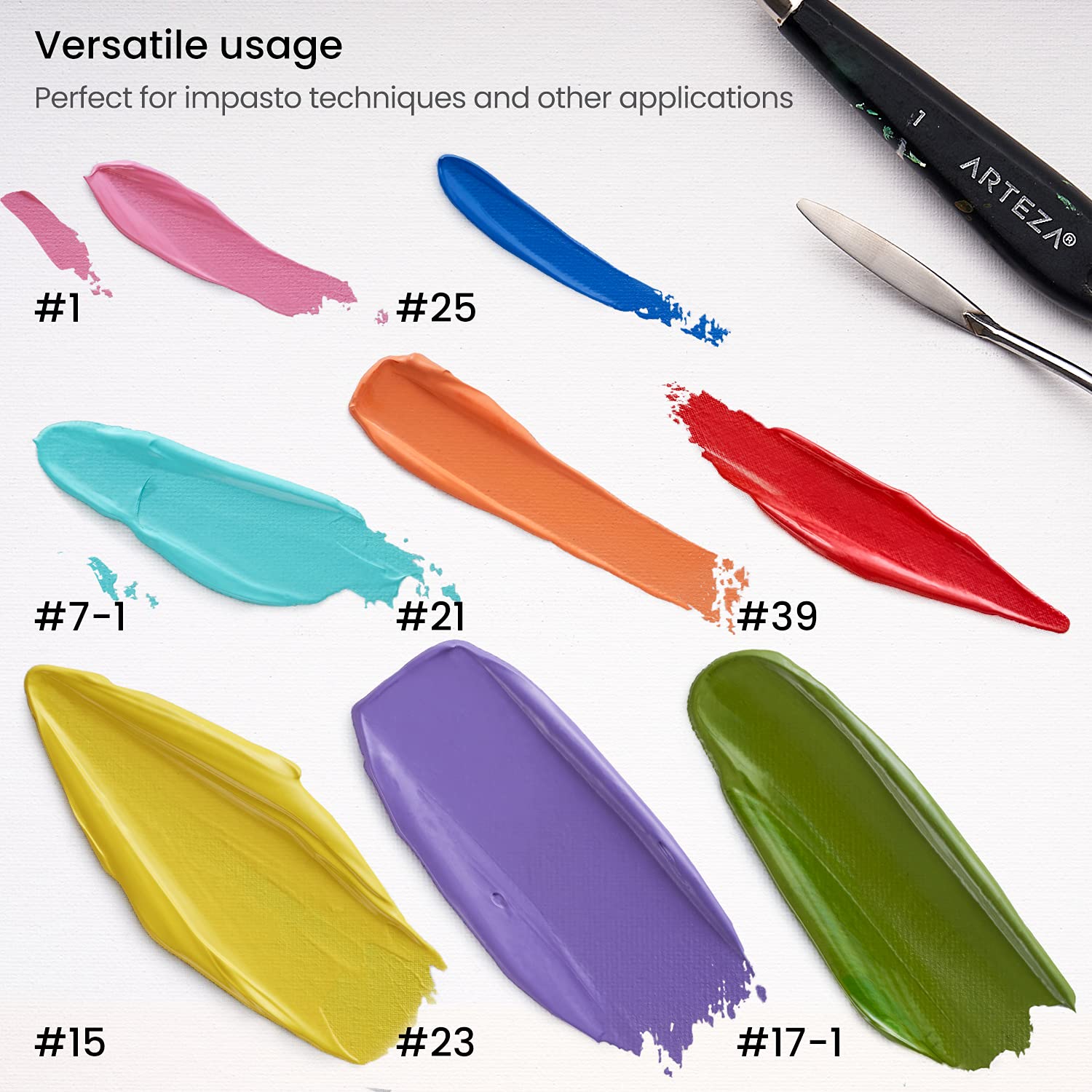 Arteza Malspachtel 8er Pack, Größen 1, 25, 7, 15, 39, 23, 17 & 21, Spachtel Acrylmalerei mit haltbarer Klinge aus rostfreiem Stahl und bruchsicherem Holzgriff, Malmesser für Öl- und Acrylfarbe