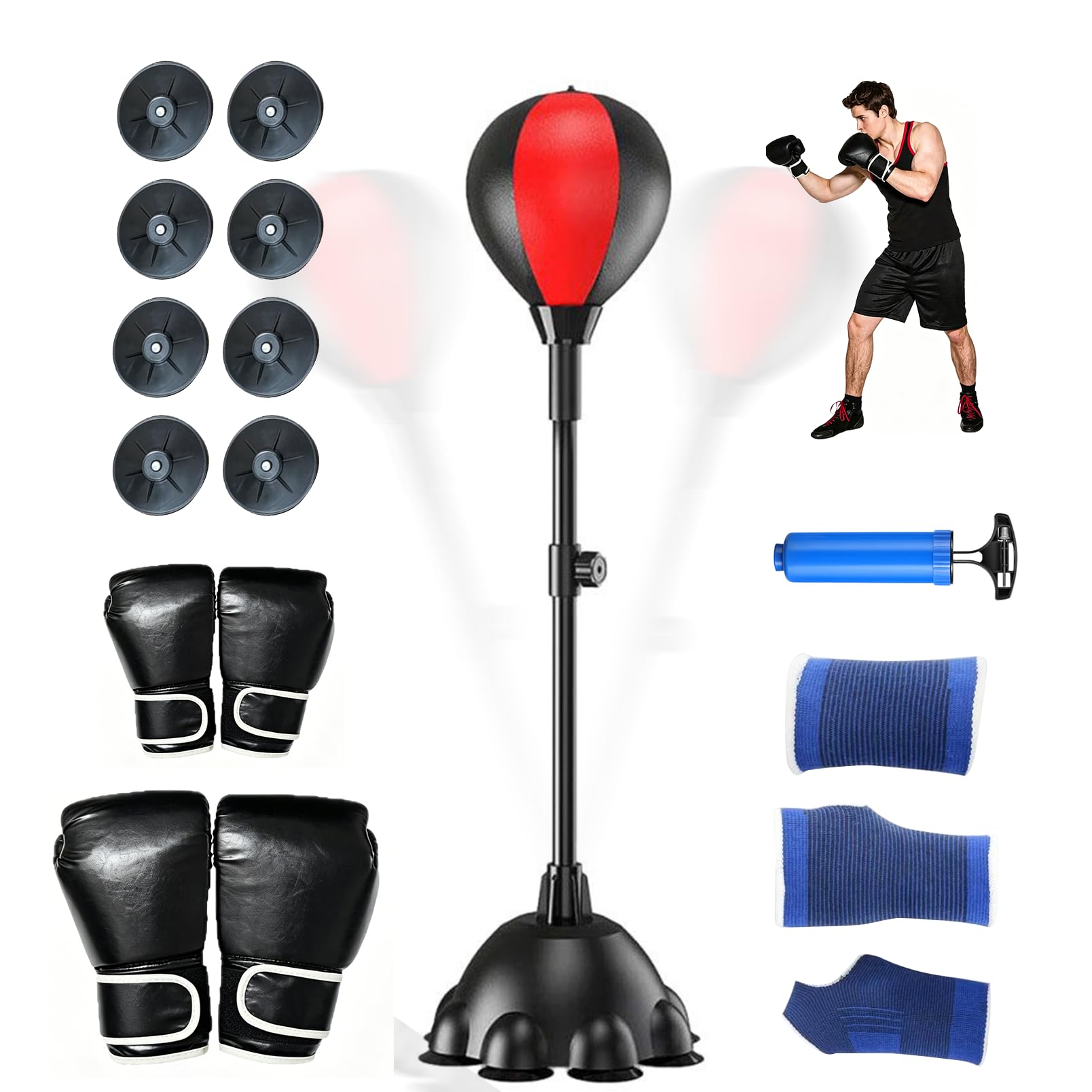 Punching Ball, Boxball Standboxsack Höhenverstellbar 110-160 cm, Boxtrainer | mit 8 Saugnapf-Basis, Reflexball für Erwachsene, Boxset mit 2 Paar Boxhandschuhen, Schutzausrüstung und Luftpumpe