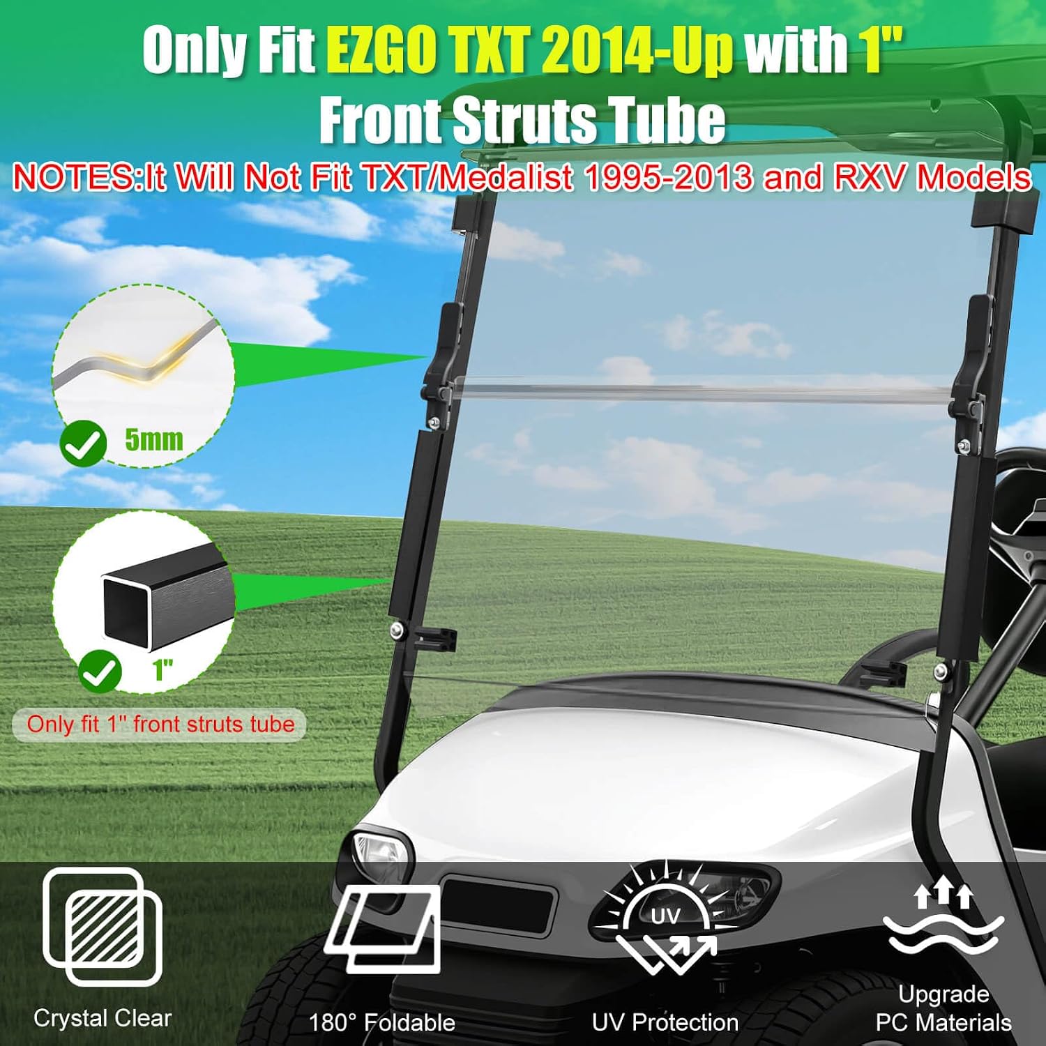 5MM Thick Upgrade PC Foldable EZGO TXT Windshield with Heavy Duty Hinges Only Fit for 2014-Up EZGO TXT Golf Cart with 1" Struts Rail, Anti-UV Impact Resistant Golf Cart Windshield Clear