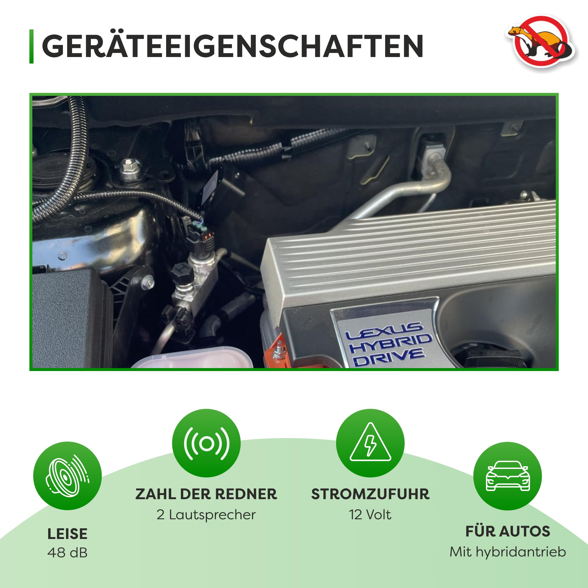 Ultraschall Fahrzeug Marderschreck 12V für HEV Hybrid Auto 2 Lautsprecher zweiseitig kein Gewöhnungseffekt (16–38 kHz) stromsparend einfache Motorraum Montage Tierfreundliche Marderabwehr