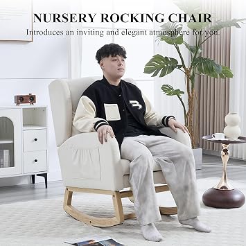 NIOIIKIT Nursery Rocking Chair with Footrest, Linen Upholstered Glider Chair, Rocker Nursery Sofa with Side Pocket, Glider Rocker, Accent Reading Recliner for Living Room (Cream Linen)