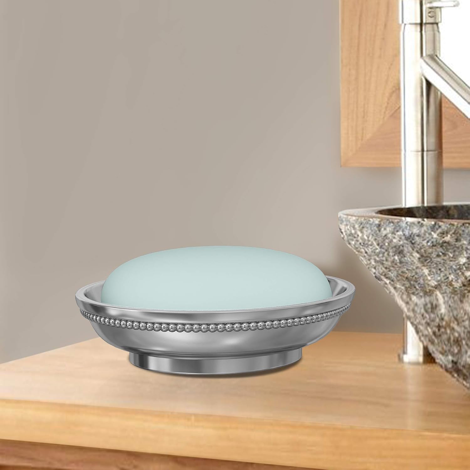 nu steel CHC3H 18/8 Stainless Steel Chic Collection Beaded Dish, Sink Bar Soap Holder, Hand Craft for Kitchen, Bathroom, Shower and Countertop, Shiny Finish, Clear