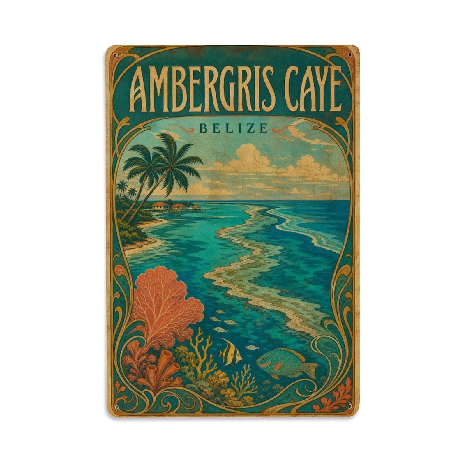 Vintage Travel Belize Ambergris Caye Metal Tin Sign