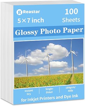 Reastar Glossy Photo Paper 57 in, 100 Sheets Inkjet Photo Printer Paper | Instant Dry, 180gsm/48lb, Blank Back, Reflective Finish, Advanced Cast Coating, DIY Chip Bag/Flyer/Card/Calendars/Brochures