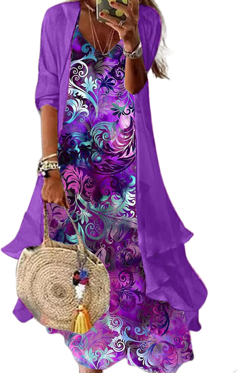Women's Summer Boho Floral Two-Piece Set Wedding Guest Maxi Dresses Cocktail Formal Dress with Chiffon Jacket