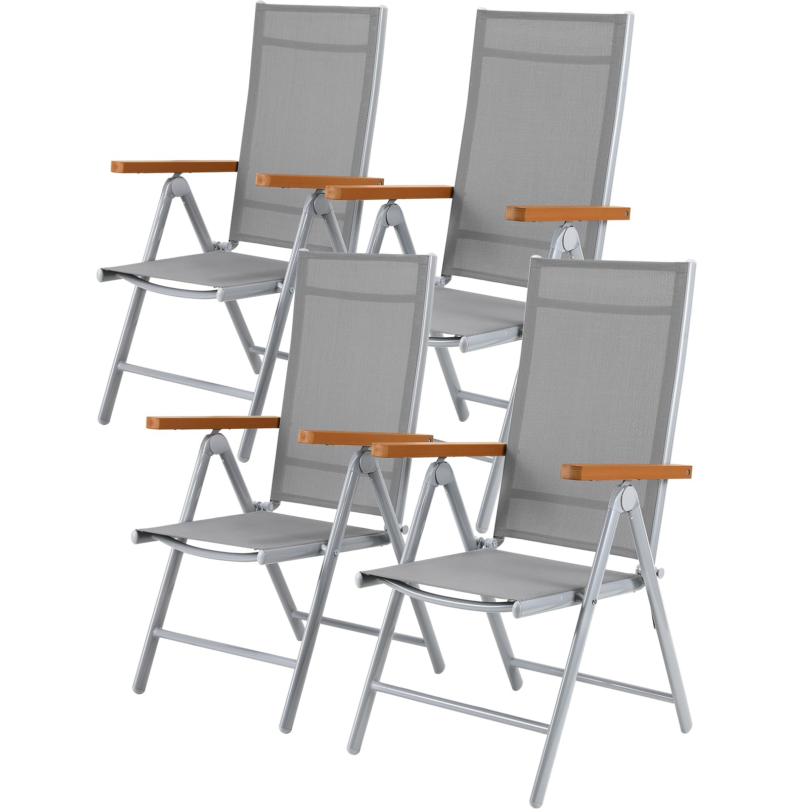 LIFERUN Gartenstühle Alu 4er Set, Gartenstuhl Hochlehner Klappbar mit 7-Fach Verstellbar Rückenlehne, Teakbraun WPC Armlehnen, Balkonstühle bis 120kg, Leicht Campingstühle, Komfortabel Wetterfest 4pcs