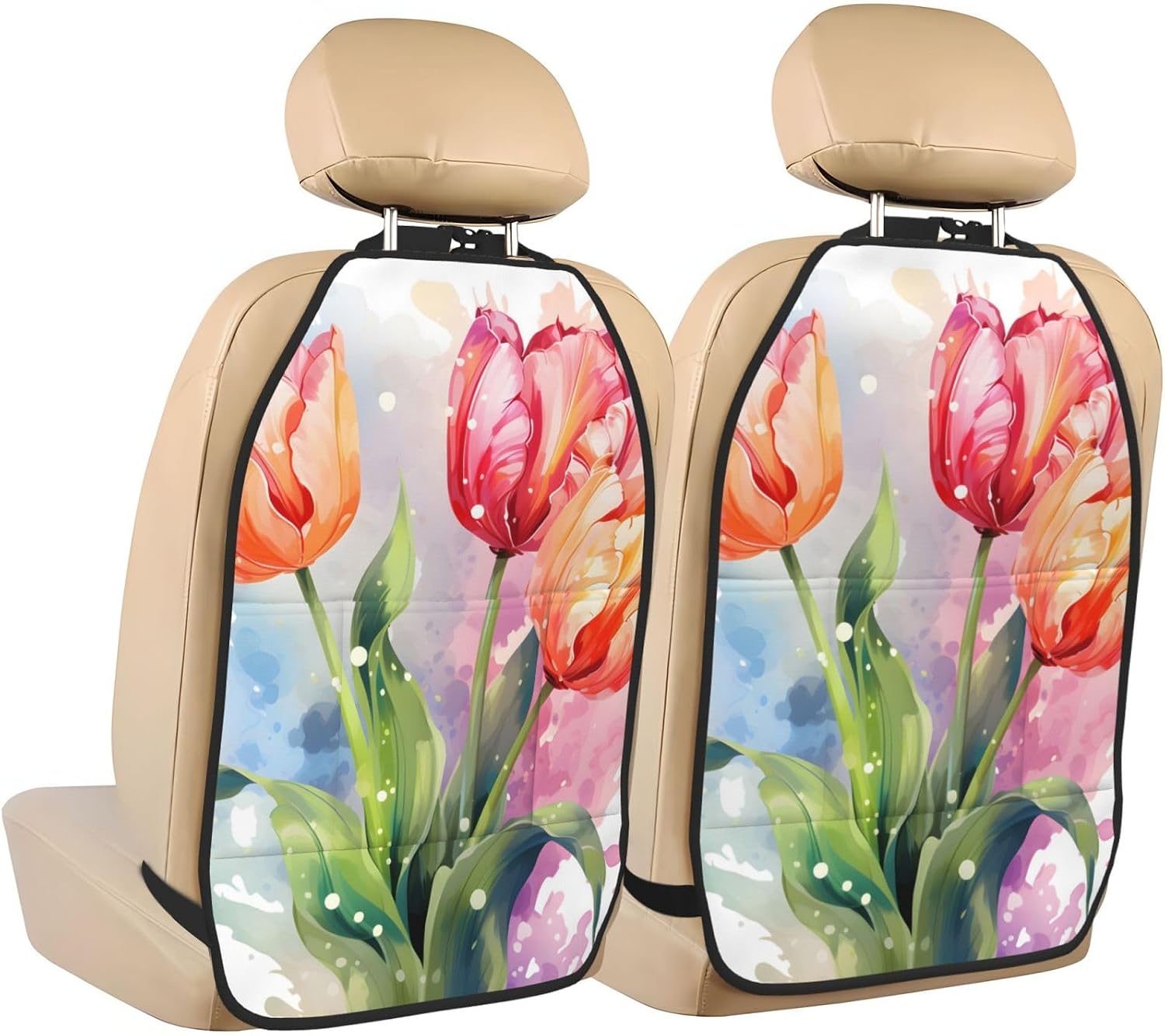Car Seat Back Kick Protector 2 Pack 18.5x26.4 Inch, Watercolor Tulip Vibrant Anti-Kick Pad, Waterproof Oxford Fabric Large Rear Seat Cover for Kids Pets Fits SUV Jeep Truck Sedan