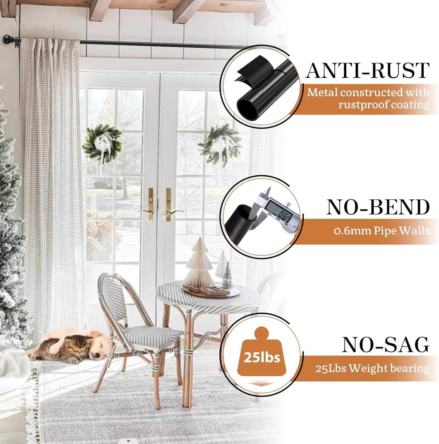 Curtain Rod for Windows 60 to 120 Inch, 5/8 inch Matte Black Decorative Splicing Metal Drapery Curtain Rod Set with Brackets for Bedroom, Cafe, Farmhouse
