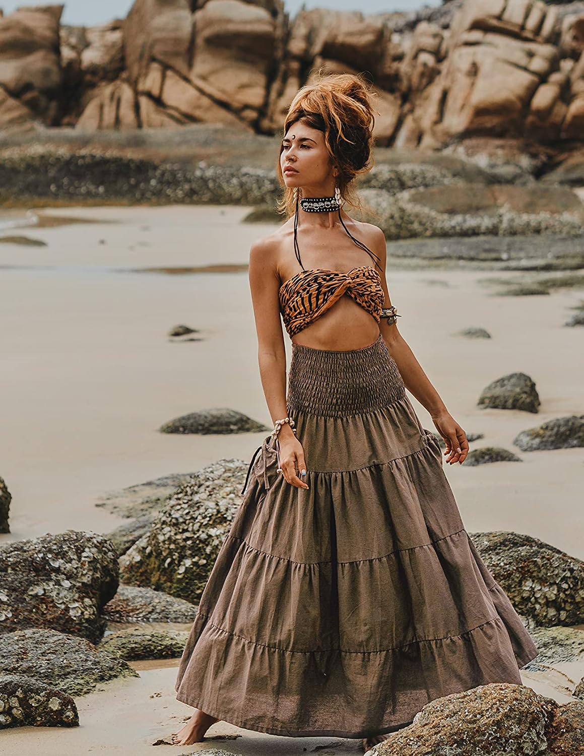 Donna Gonna Lunga da Spiaggia Bohémien Casual Estivo 2 in 1 Vestiti Elegant Gonna con Tasca