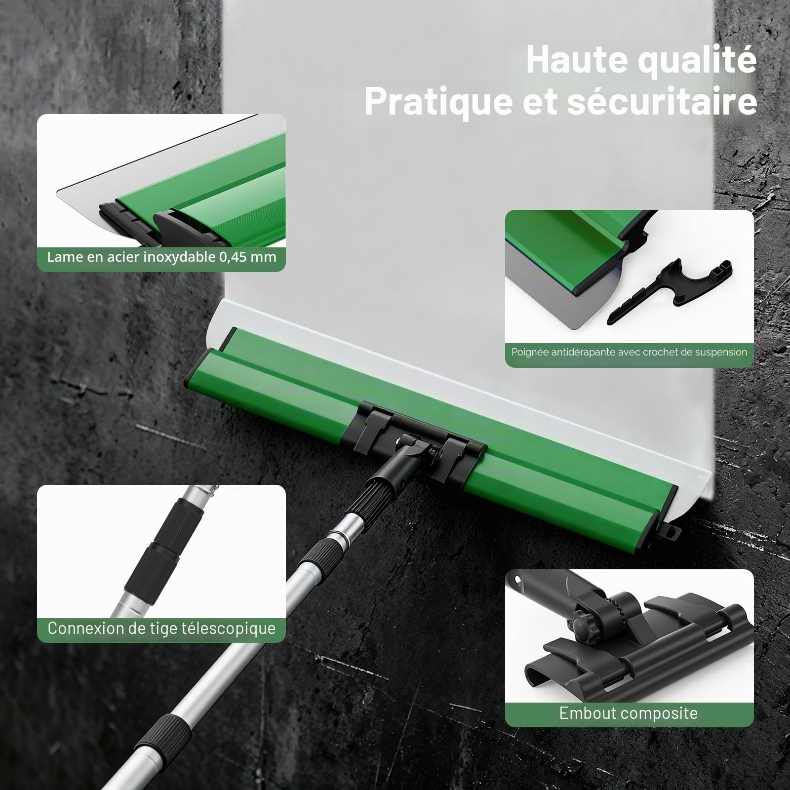Kit de Spatule Enduit, Lames de mastic 25 cm, 40 cm et 60 cm, Mango de extensión de 76 cm a 160 cm, Spatule de Lissage en Acier Inoxydable, Outils de Cloison Sèche Grandes Surfaces