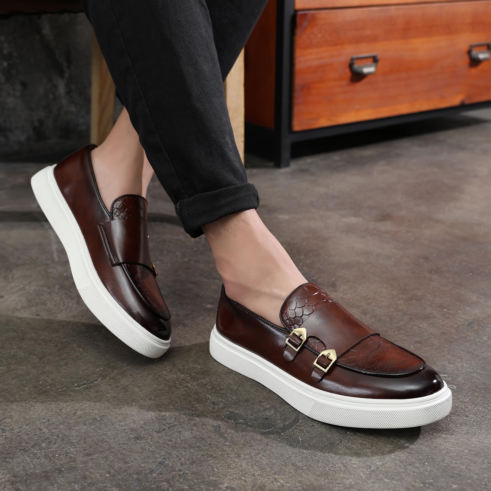 ANUFER Uomo Eleganti Doppio Monaco Fibbia Mocassini Casual Slip-On Piattaforma Scarpe da Ginnastica