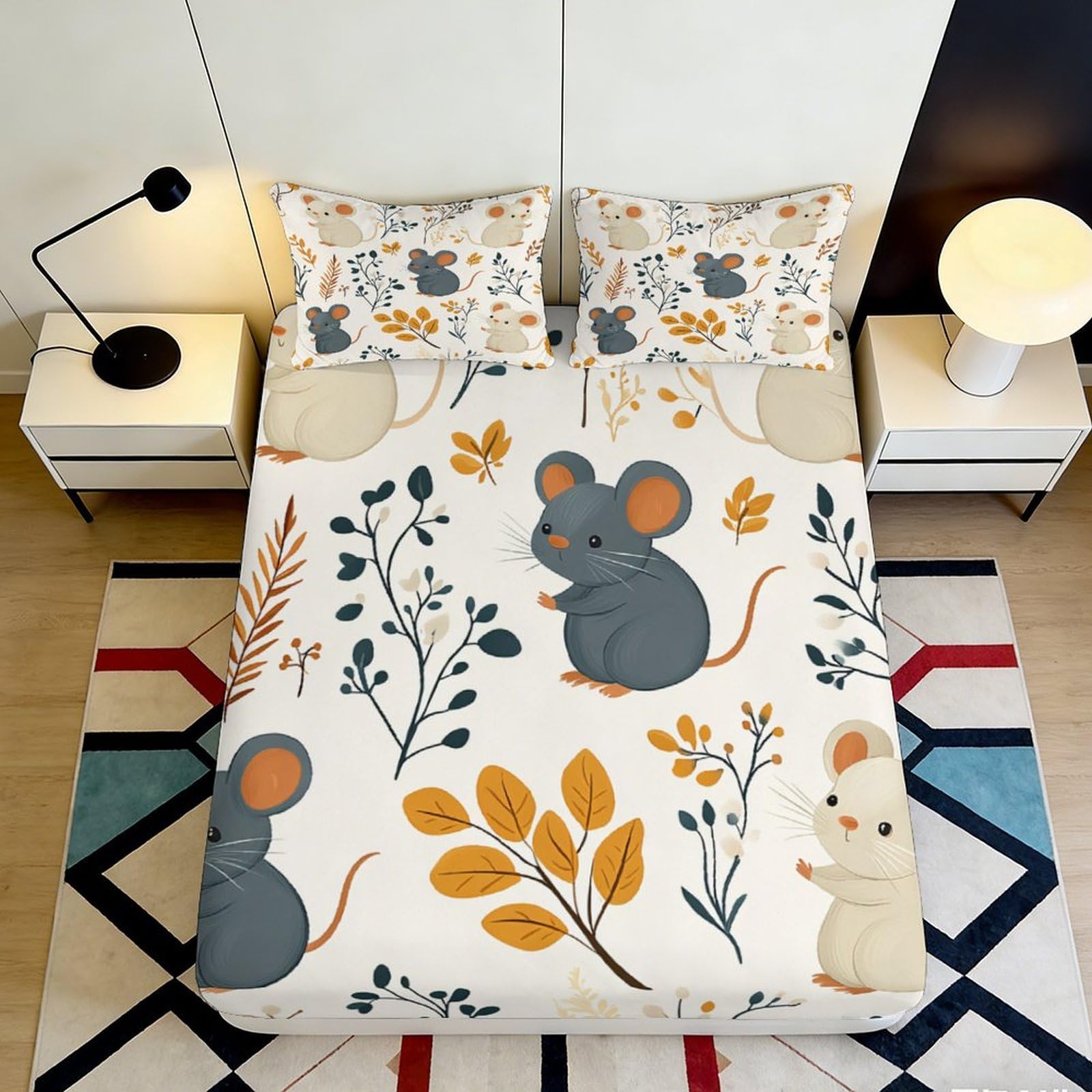 3D Printed Cartoon Mouse Fitted Sheet Microfiber Soft Breathable Botanical Mattress Cover for Bedroom Dorm Decor 90x200x25cm