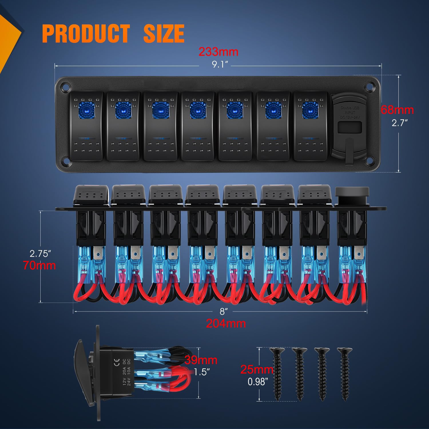 Greluma Pannello interruttori a bilanciere a 7 bande in alluminio con voltmetro e doppia USB (4,2A),ricarica rapida,LED retroilluminato,precablato IP65 impermeabile per nautica,barca,auto,camion(blu)