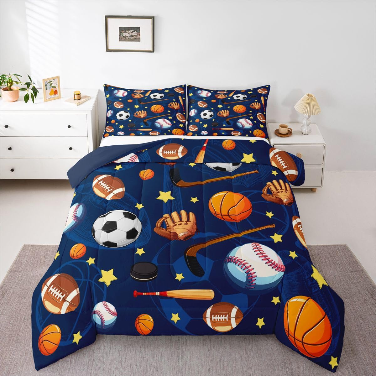 Feelyou Soccer Basketball Comforter Set Queen Size Football Baseball Hockey Bedding Set for Kids Boys Girls Gaming Sports Navy Blue Duvet Quilt Bedroom Decor Microfiber 3 Pcs with 2 Pillow Cases