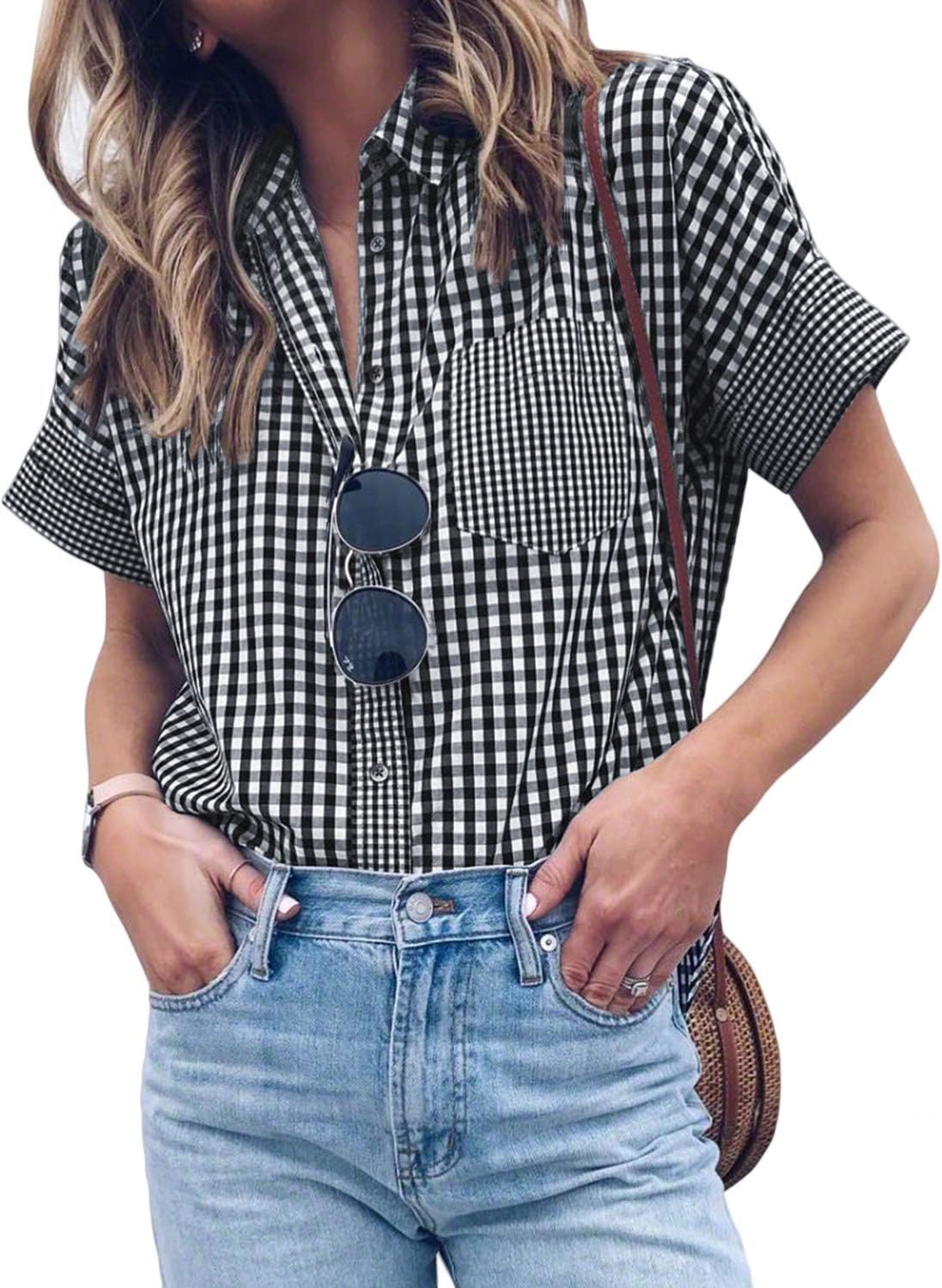 Womens Summer Blouses Casual V Neck Stripe Short Sleeve Button Down Shirts Tops