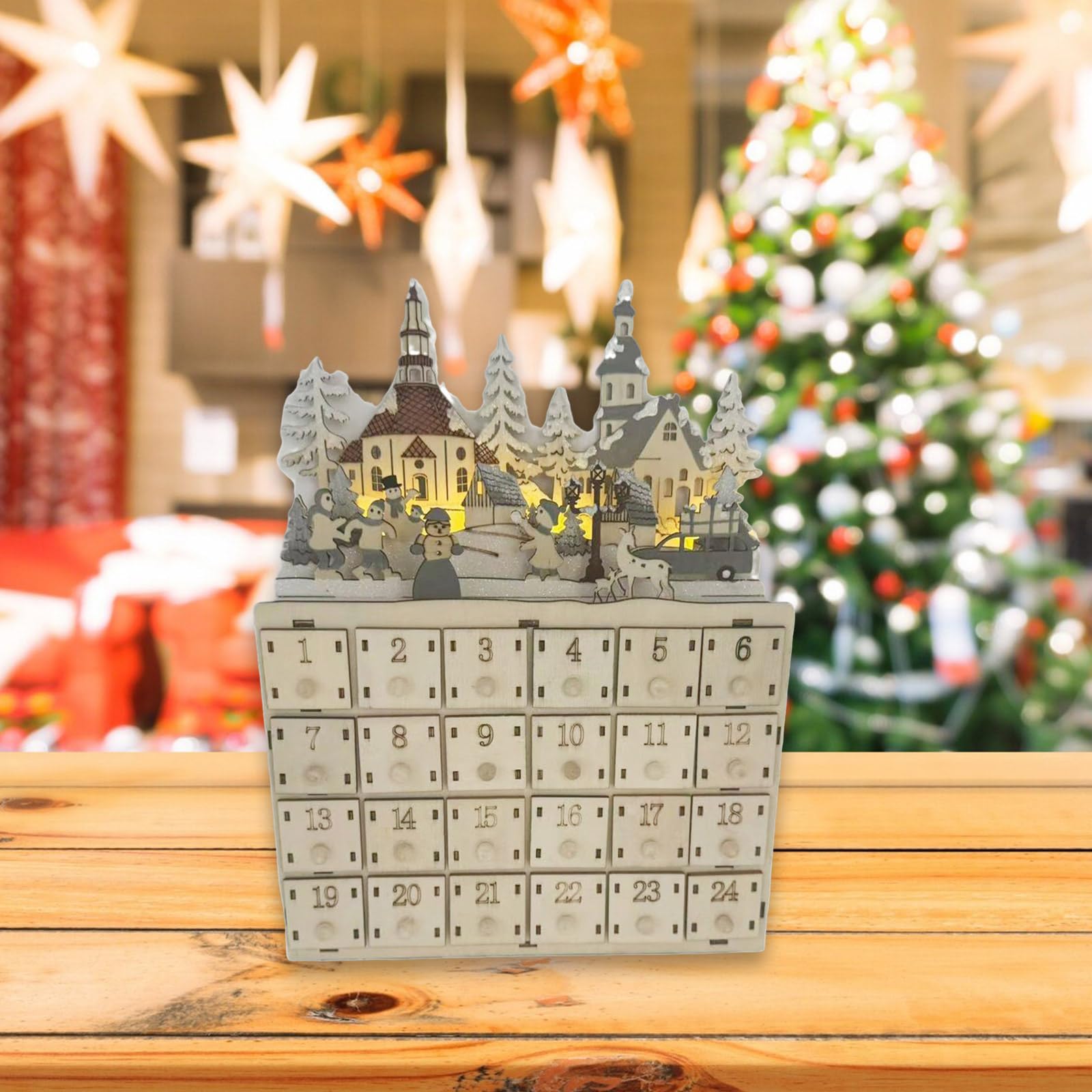 LED-beleuchteter Adventskalender aus Holz mit 24 Schubladen, Countdown-Kalender, Schreibtischdekoration, einzigartiger Weihnachtsfeiertag