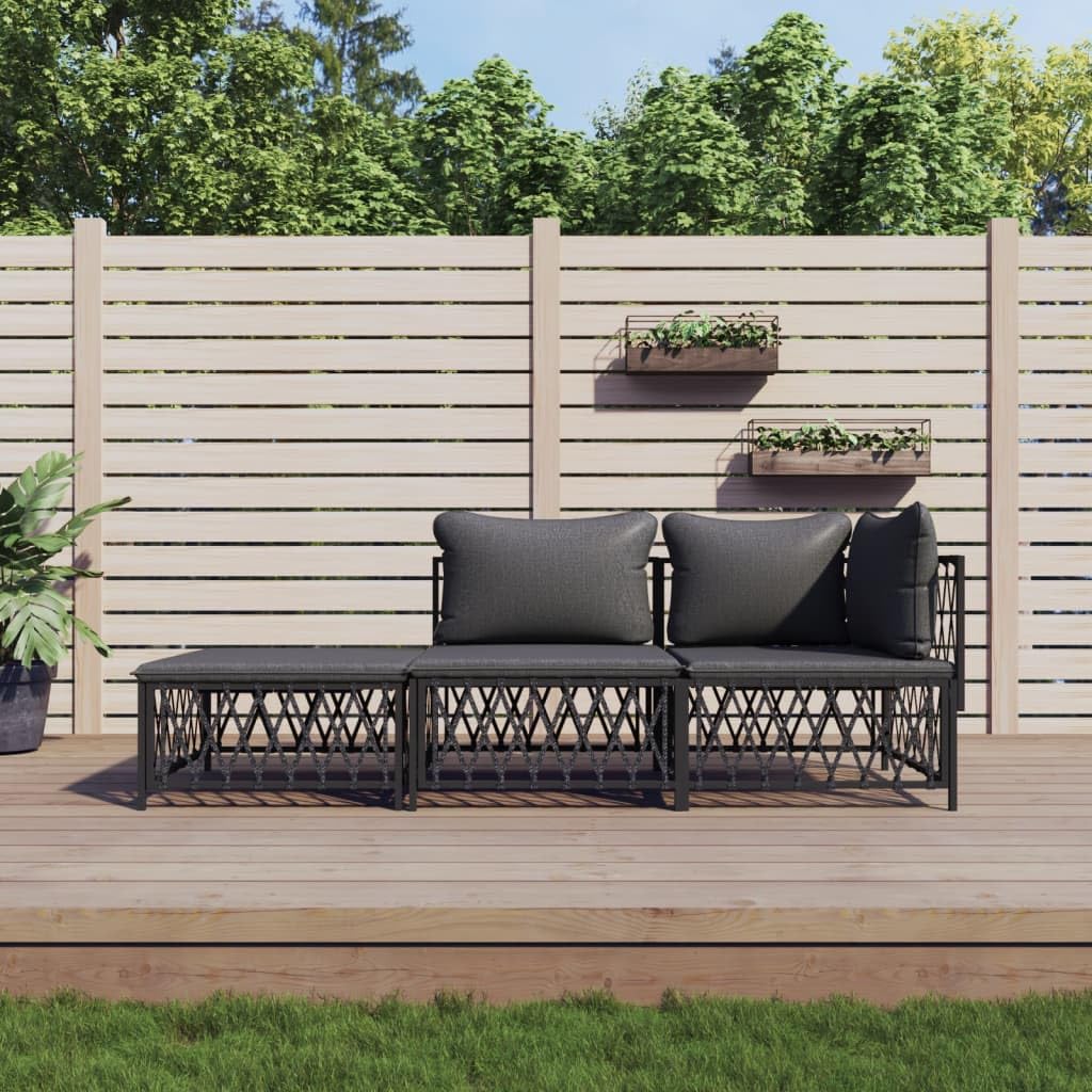 Meubles de jardin 3 pièces avec coussins d'extérieur en acier gris anthracite