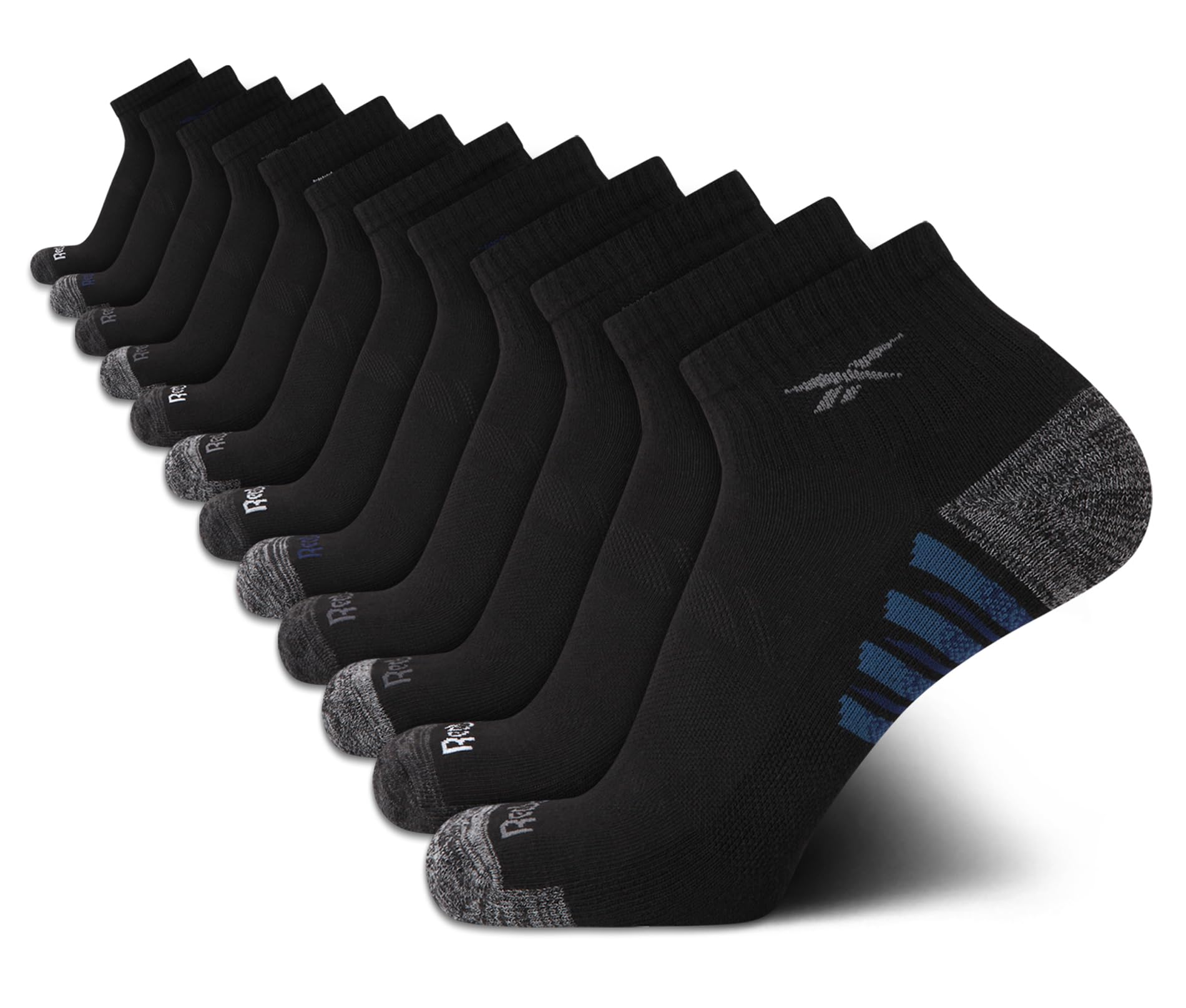 Reebok Mens Quarter Socks - 12 Pack Performance Stretch Moisture Wicking Athletic Running Ankle Socks for Men