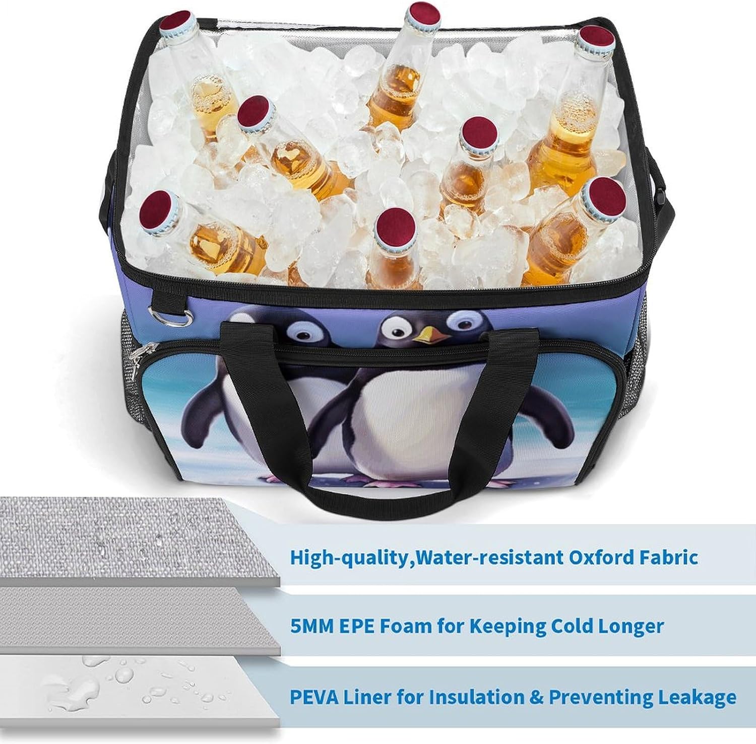 Portable Camping Cooler Pack,Cute Penguin Print Reusable Lunch Pack,Outdoor Large Capacity Picnic Pack
