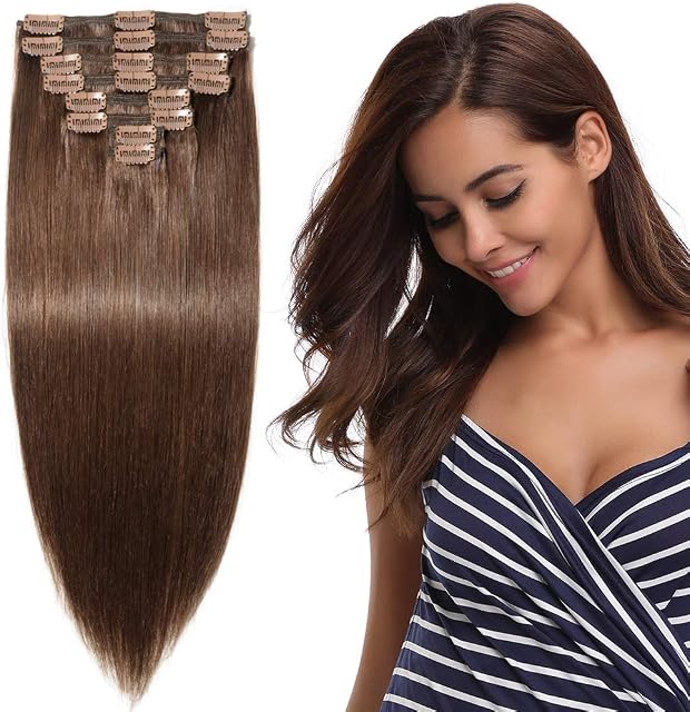 10"-22" Human Hair Extensions Clip in - Double Weft - 100% Remy Hair 8 Pcs Full Head (10"-110g, 4 Medium Brown)