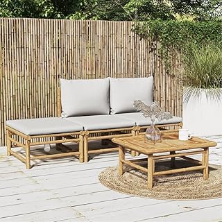 QZZCED Sustainable Bamboo Outdoor Lounge Set with Light Grey Cushions, M...