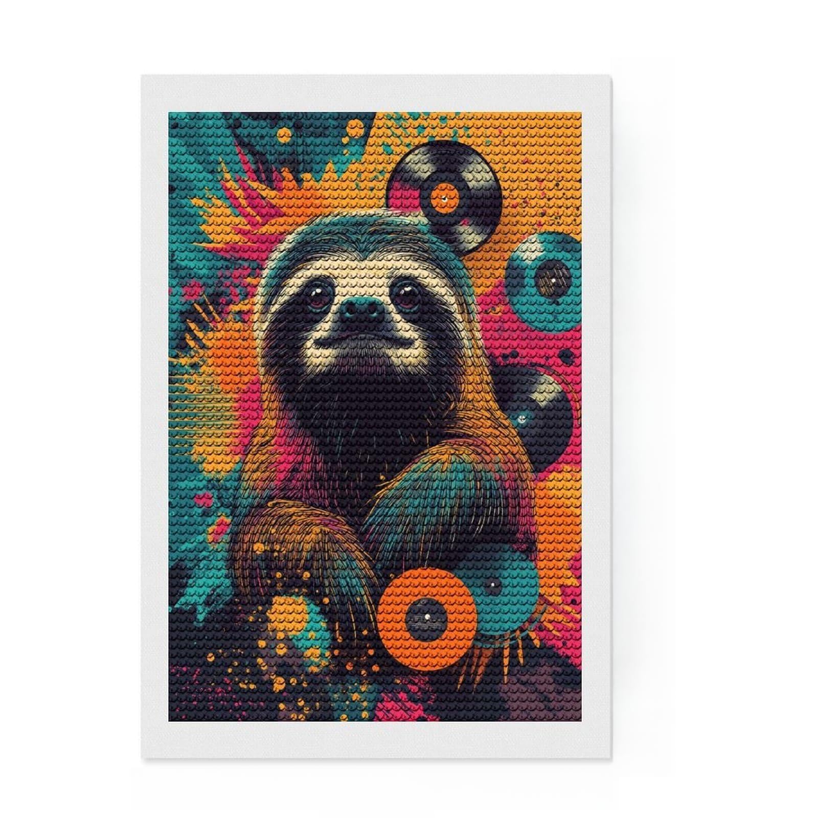 Junmoney Colorful Sloth with Vinyl Records Happy Sloth Vibes Full Drill Diamond Painting Kit 8"x12", Birthday Gift, Vintage Style Decor, Modern Decor, Artistic Hobby