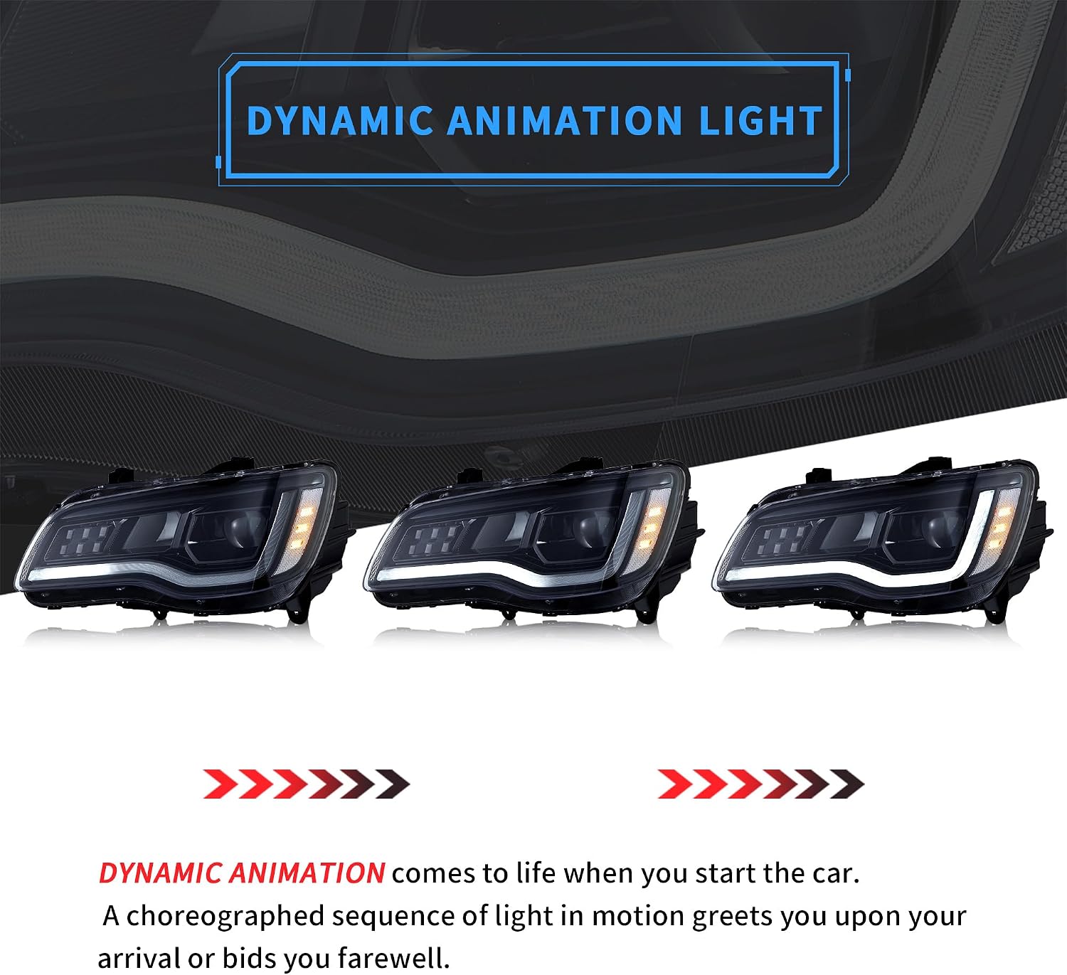 VLAND Projector Headlights Compatible with Chrysler 300/300C 2011-2014 2nd Gen LD w/Dynamic Animation Blue Running Light w/Sequential Turn Signals Need 9005 Bulbs Kit for High/Low Beam