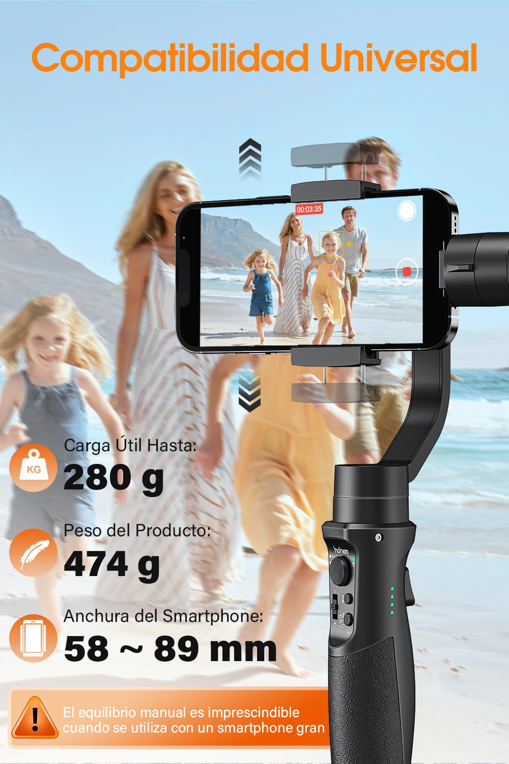 Gimbal Estabilizador para Móvil, 3-Ejes Gimbal Movil con 6 Modos, Gimbal Stabilizer Ligero con Batería Soporte para 12H, Carga 280g, Ideal para Smartphone iOS&Android iPhone/Huawei/Samsung/Xiaomi etc