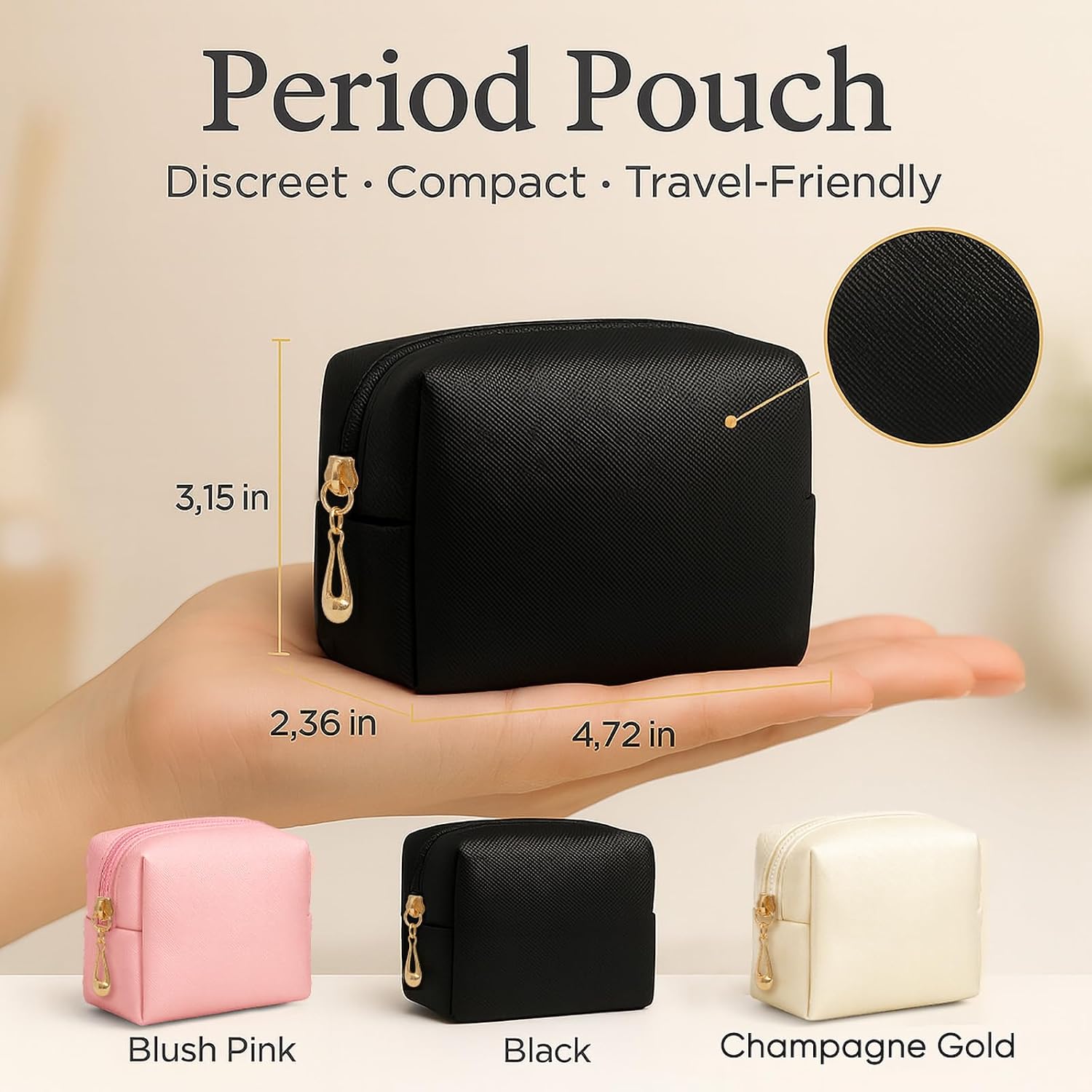 Period Bag for Teen Girls – Discreet Sanitary Napkin Storage Bag & Tampon Holder for Purse, Champagne Gold Water-Resistant PU Pearl-Satin Cosmetic Pouch, First Period Kit (Onyx Black)