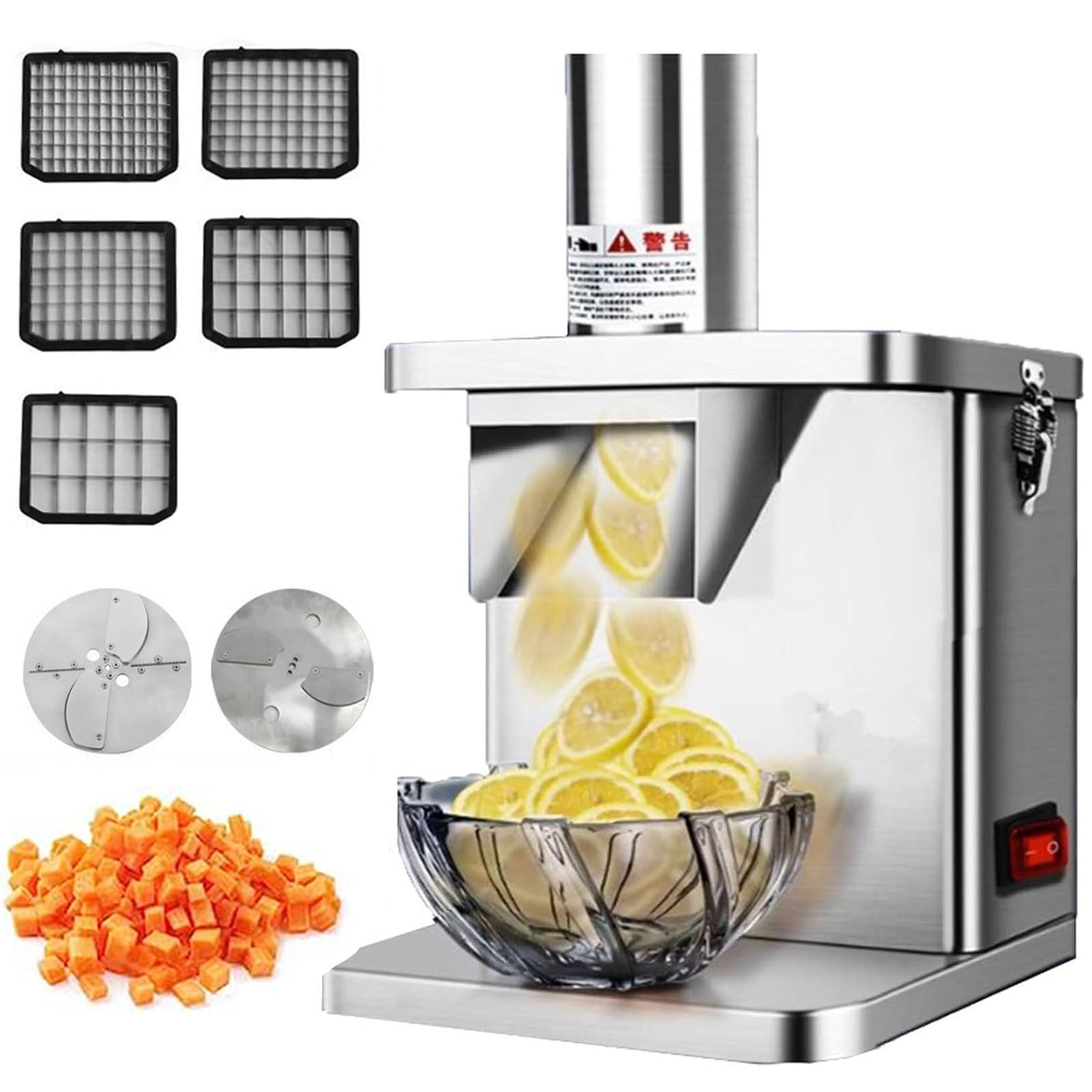 Cortador Verduras Eléctrico Comercial,Potente Procesador Alimentos 250W con Moldes Cortar En Cubitos 6/8/10/12/15 Mm,Cuchillas Acero Inoxidable,Picador Automático Frutas Y Verduras