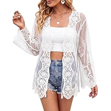 Cuffbow Women's Lace Swimsuit Cover up Kimono Bathing Suit Cover up Beach Mesh Open Front Summer Cardigan