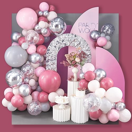 PartyWoo Dusty Pink Silver Gray Dusty Rose Light Pink Balloon Arch Kit 140pcs Different Sizes 18 12 10 5 Inch Pack 18 Inch Silver Foil Balloons for Baby Shower Wedding Birthday Party Decorations