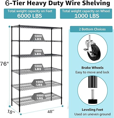 Miniatura 3 de Estantería de almacenamiento de capacidad de 6000 libras, estantería de metal de 6 niveles certificada por NSF con ruedas y pies ajustables, estante
