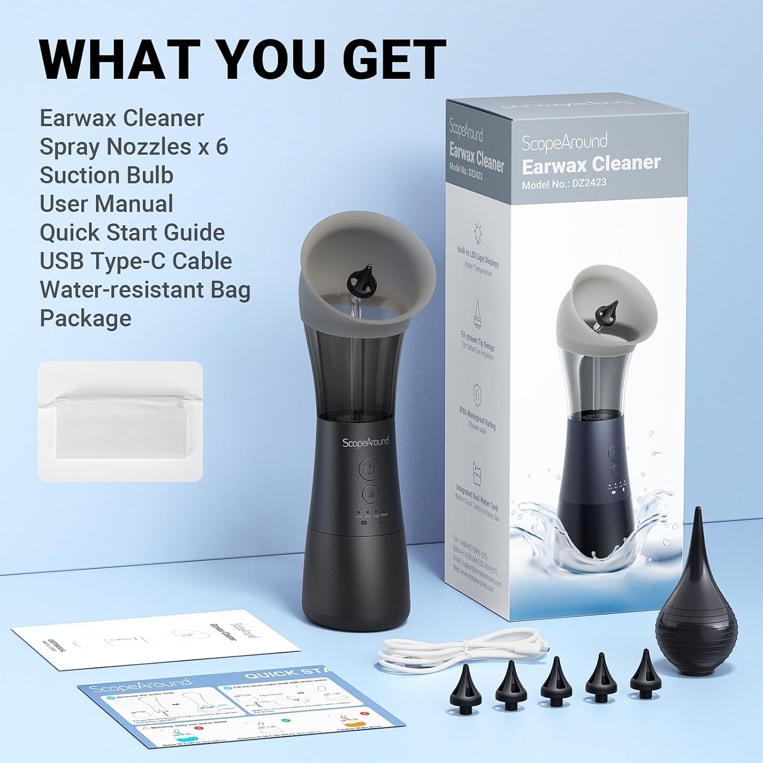 ScopeAround Electric Ear Cleaner w/Water Temperature Sensor, Ear Cleaning Kit, Earwax Removal Tool w/ 4 Pressure Modes, IPX6 Ear Irrigation Flushing Kit, One-Piece Tank, Black