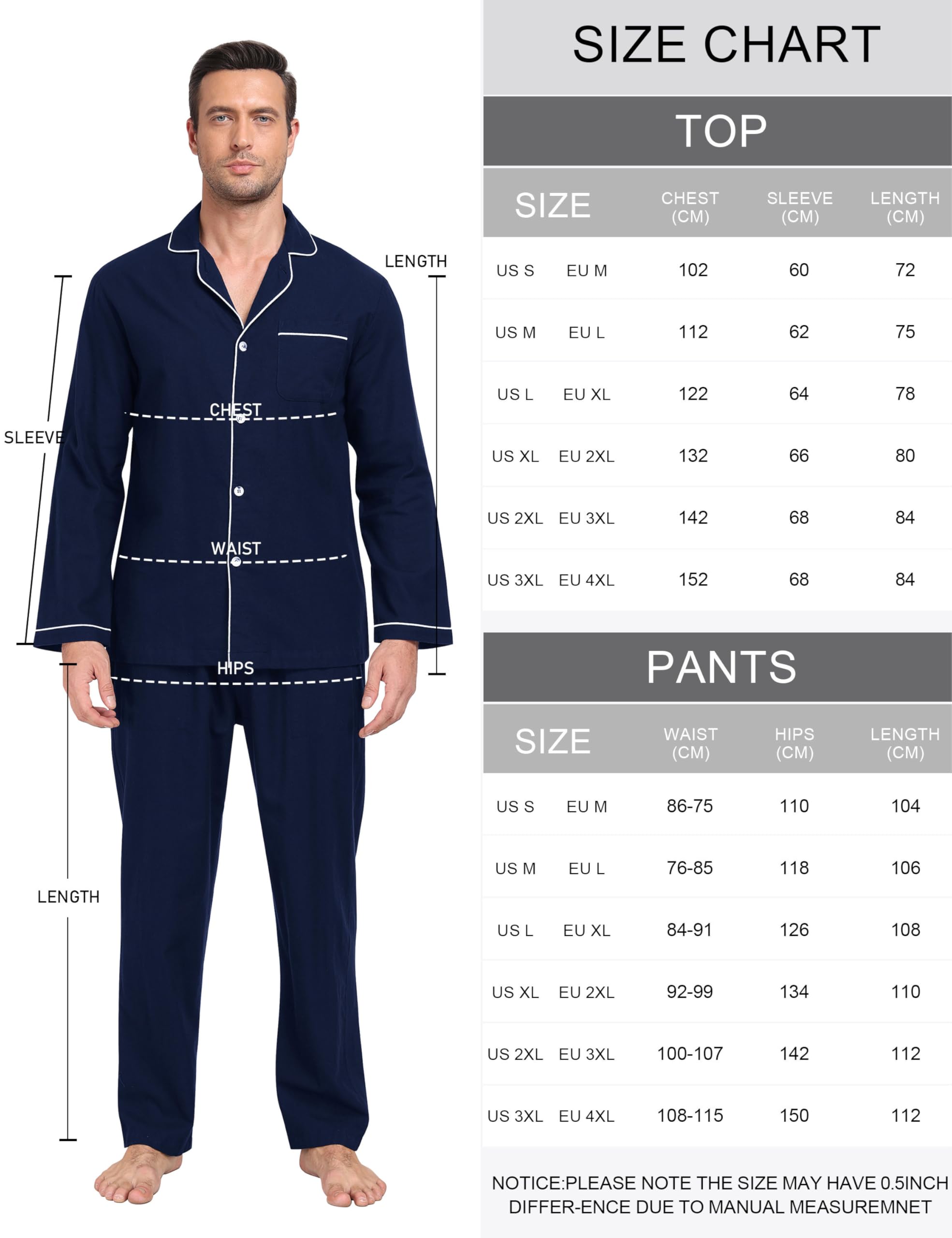 MoFiz Pyjama Homme Coton Ensemble de Pyjamas Col V avec Boutons Hiver Long Vêtements de Nuit Manche Longue Hauts et Pantalon de Pyjama