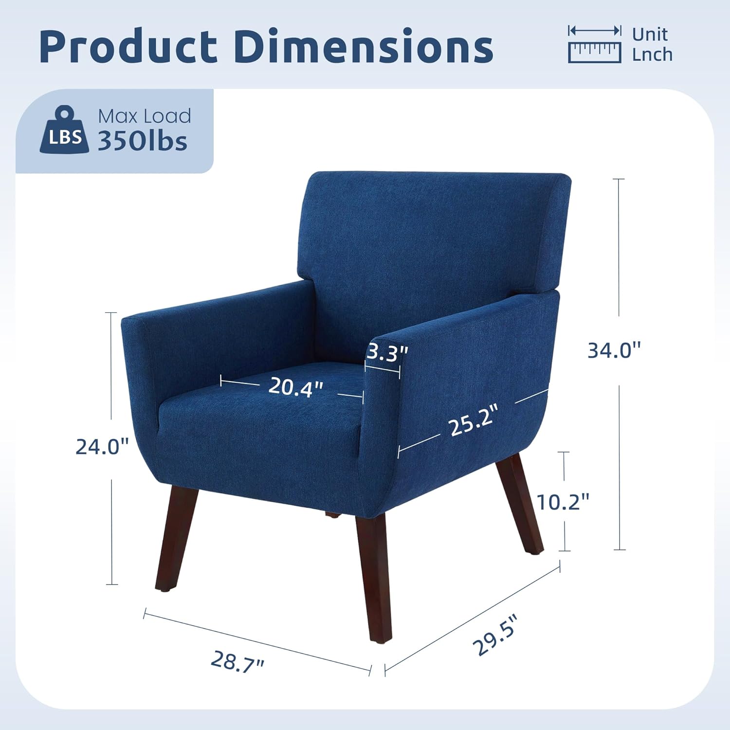 Upholstered Accent Chair,Mid Century Modern Office Fabric Small Living Room Chair with Arm,Comfy Wingback Armchair for Bedroom Reading Dark Blue