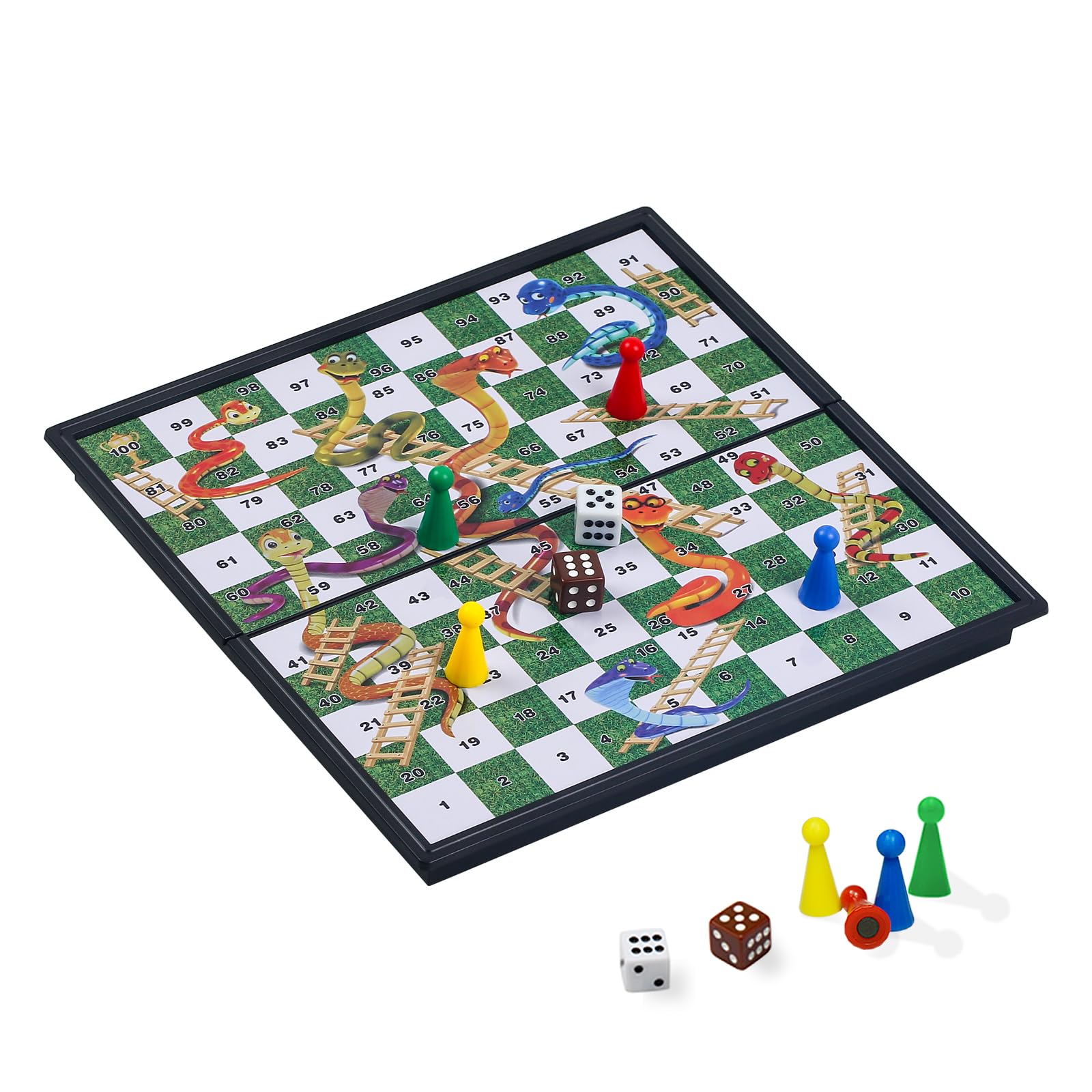 Mini Snakes and Ladders Board Game Set-7.8", Magnetic Folding Travel Board Game, Family Fun Toys/Gift for Kids (Mini Right Angled Style)